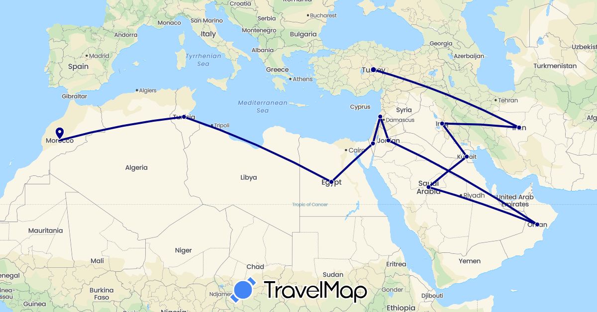TravelMap itinerary: driving in Egypt, Iraq, Jordan, Kuwait, Lebanon, Morocco, Oman, Saudi Arabia, Tunisia, Turkey (Africa, Asia)